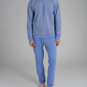 Pigiama spigato con scollo a V in interlock di cotone - Fant. Colony Blue Spigato