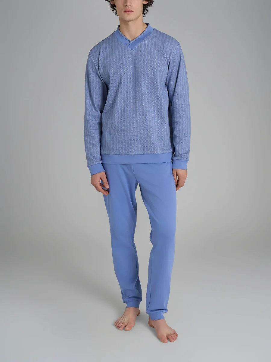 Pigiama spigato con scollo a V in interlock di cotone - Fant. Colony Blue Spigato