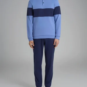 Pigiama serafino con fascia orizzontale in interlock di cotone - Fant. Colony Blue