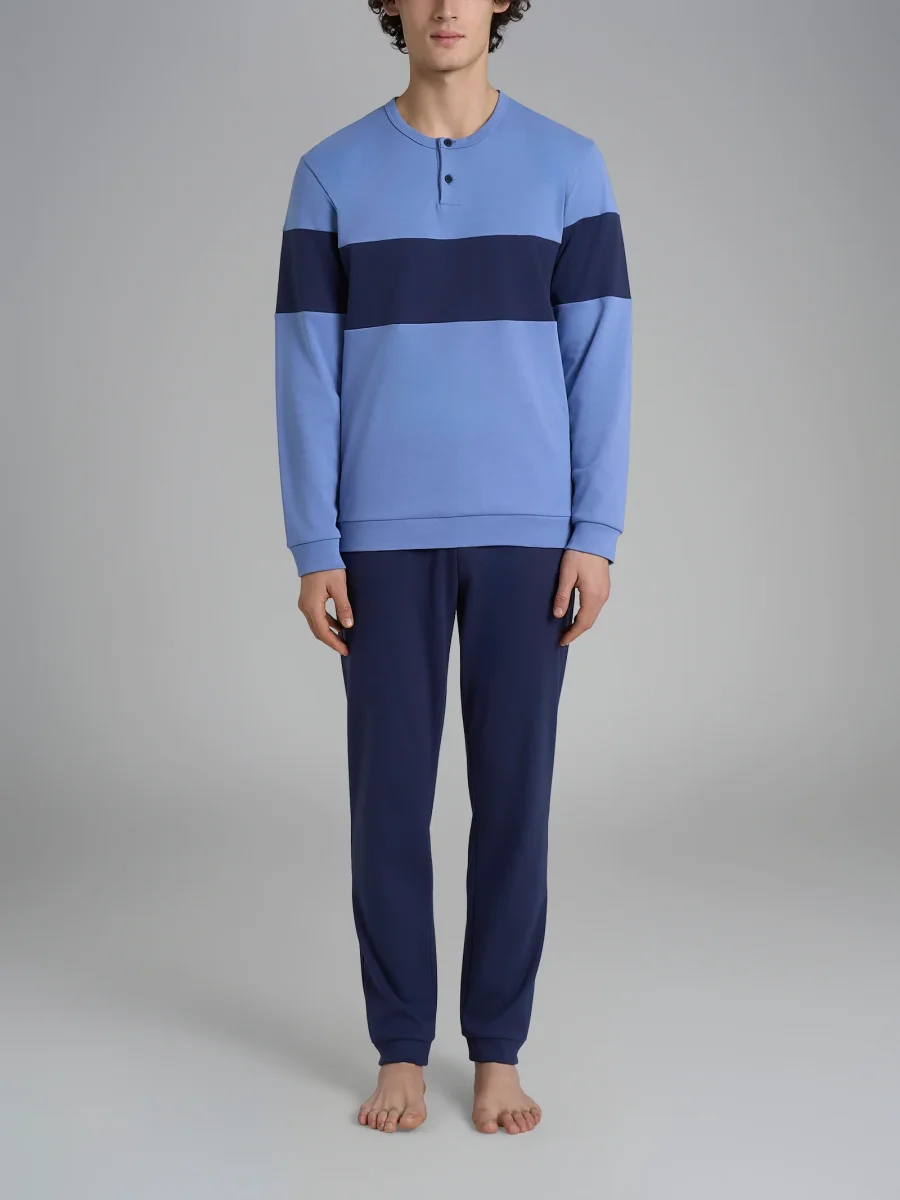 Pigiama serafino con fascia orizzontale in interlock di cotone - Fant. Colony Blue