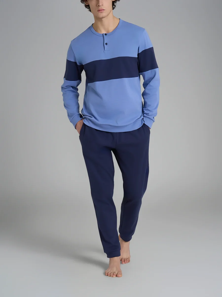 Pigiama serafino con fascia orizzontale in interlock di cotone - Fant. Colony Blue - immagine 4