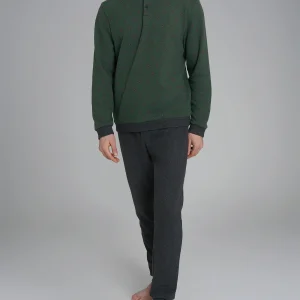 Pigiama serafino con fantasia geometrica in Cotton Eco Pile - Fant.Smeraldo