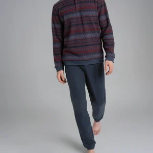 Pigiama a serafino a righe zig zag in Cotton Eco Pile - Fant.Indigo