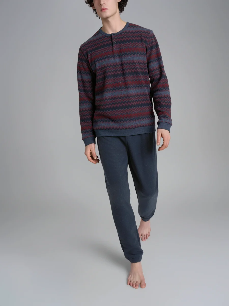 Pigiama a serafino a righe zig zag in Cotton Eco Pile - Fant.Indigo - immagine 2