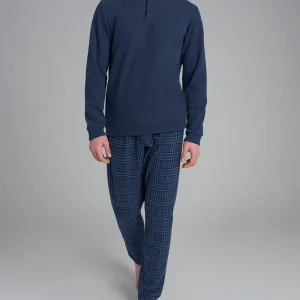 Pigiama serafino con fantasia a macro quadrati in Cotton Eco Pile - Fant.Indigo