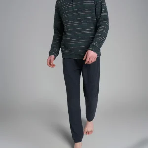 Pigiama a serafino a righe in Cotton Eco Pile - Fant.Smeraldo