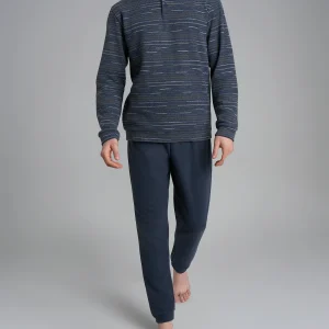 Pigiama a serafino a righe in Cotton Eco Pile - Fant.Indigo