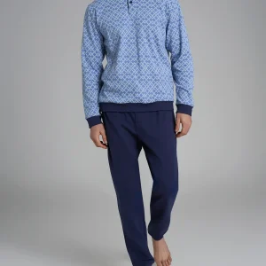 Pigiama a serafino con fantasia in interlock di cotone - Fant. Colony Blue Greca