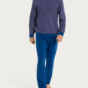 Pigiama con scollo a V e fantasia a quadri in Jersey di Cotone - Fant. Navy Peony