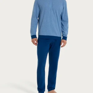 Pigiama con scollo a V e fantasia a quadri in Jersey di Cotone - Fant. Della Robbia Blue