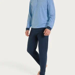 Pigiama a serafino con micro rombi in Jersey di Cotone - Fant. Della Robbia Blue