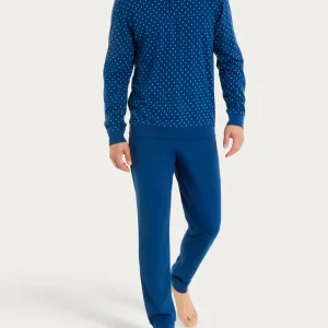 Pigiama a serafino con micro rombi in Jersey di Cotone - Fant. Navy Peony Cravatier