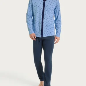 Pigiama aperto con micro rombi in Jersey di Cotone 44-56 - Fant. Della Robbia Blue