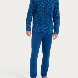 Pigiama aperto con micro rombi in Jersey di Cotone 44-56 - Fant. Navy Peony Cravatier