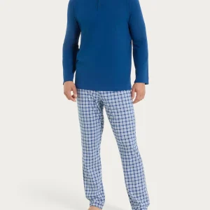 Pigiama tartan a serafino in Jersey di Cotone  - Fant. Navy Peony