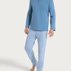 Pigiama tartan a serafino in Jersey di Cotone  - Fant. Coronet Blue