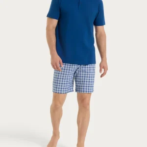 Pigiama tartan con girocollo in Jersey di Cotone  - Fant. Navy Peony