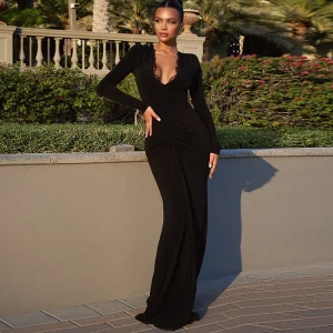 Abito Elegante Girocollo a Maniche Lunghe con Vita Intrecciata e Gonna Sottile Monocolore